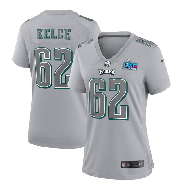 Women's Philadelphia Eagles #62 Jason Kelce Grey Super Bowl LVII Patch Atmosphere Fashion Stitched Game Jersey(Run Small)